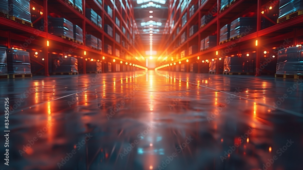 Warehouse Aisle with Stacked Pallets. Warehouse aisle with stacked pallets and orange lighting, representing modern logistics, storage, and inventory management. Warehouse Aisle with Stacked Pallets. Warehouse aisle with stacked pallets and orange lighting, representing modern logistics, storage, and inventory management.