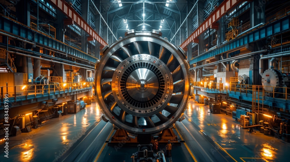 Obraz premium Massive Turbine in Industrial Power Plant. Large turbine installed in an industrial power plant, emphasizing the scale and technological complexity of the machinery.