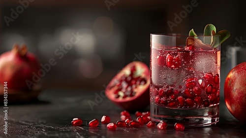 A beautiful glass of pomegranate juice with pomegranate seeds.