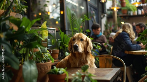 In a bustling city cafe a Golden retriever and blue Maine Coon peer curiously at patrons from behind potted plants photo