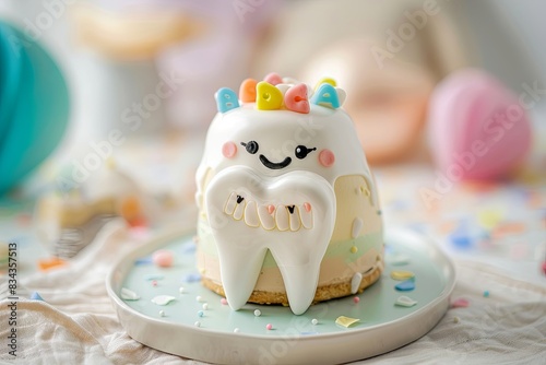 design of a beautiful children's small cake decorated with a cute tooth figurine
