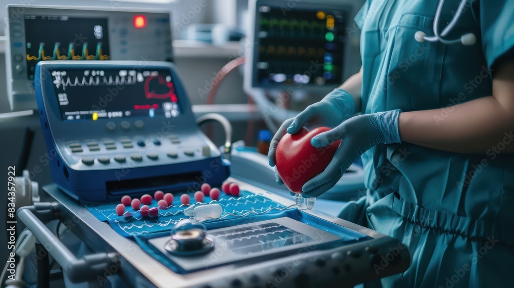Heart Function Test: A patient undergoing a heart function test, such as an echocardiogram, with medical equipment in view Heart Function Test: A patient undergoing a heart function test, such as an echocardiogram, with medical equipment in view
