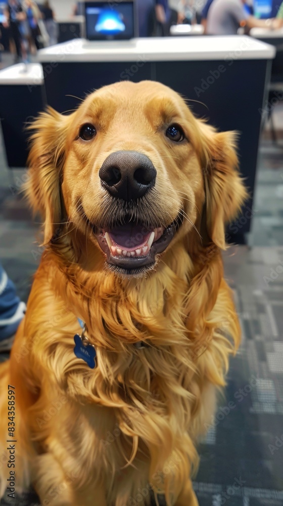 In a bustling tech expo a Golden retriever and blue Maine Coon test new pet-friendly gadgets In a bustling tech expo a Golden retriever and blue Maine Coon test new pet-friendly gadgets