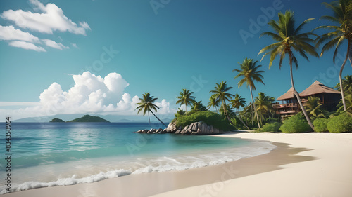 Seascape. Secluded island beach with palm trees and blue ocean landscape. 