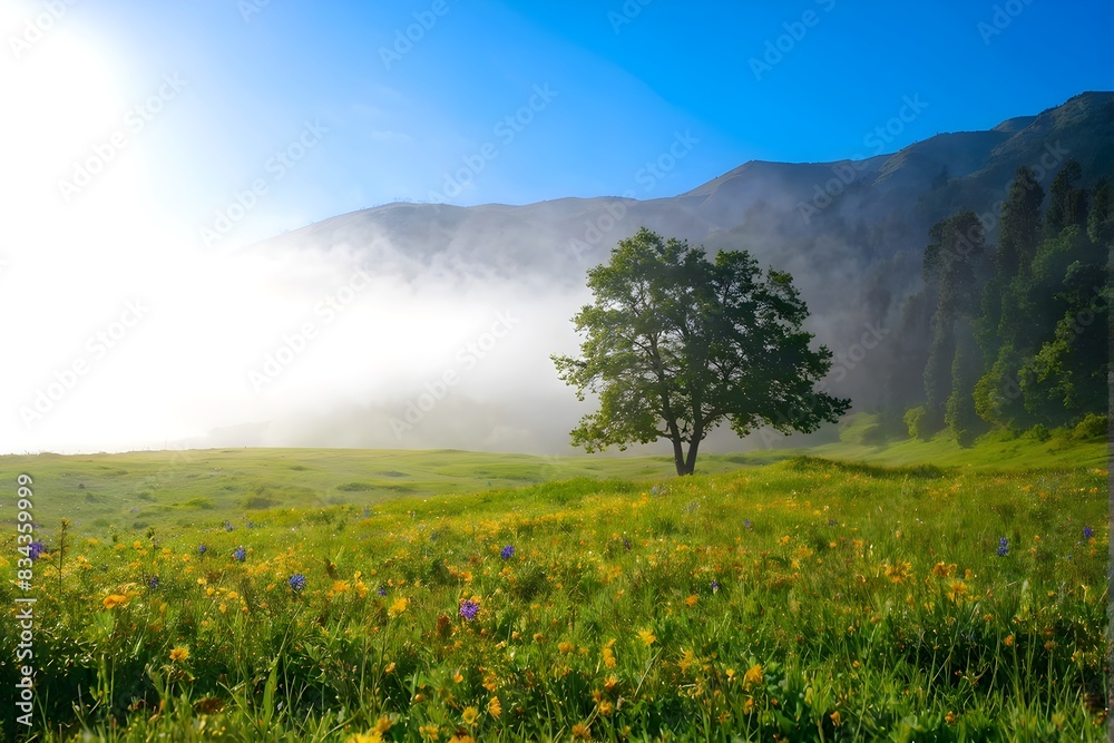 Fototapeta premium scenery of summer green grass meadow with tree on sunny day sky.