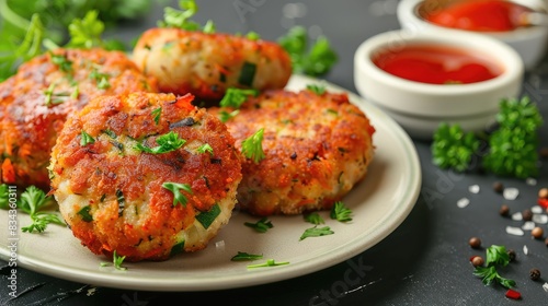 Healthy vegetable cutlet made from carrot zucchini and potato with sauce