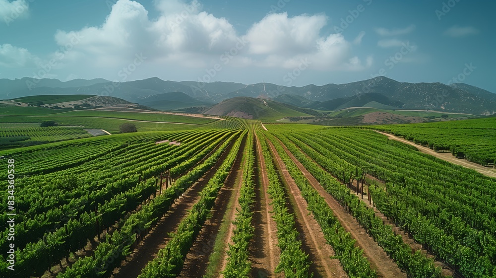 Expansive Vineyard on Rolling Hills. Vast vineyard stretches across rolling hills under a blue sky, showcasing rows of grapevines and scenic agricultural land.