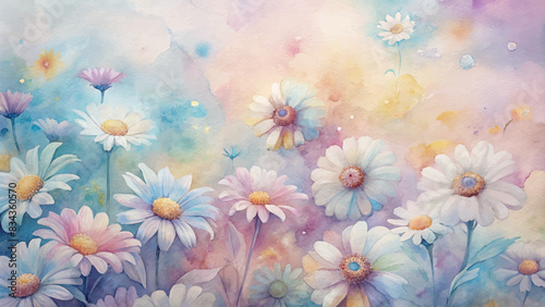 Watercolor background of a cluster of daisies in pastel shades