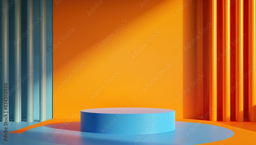 Abstract Design for Showcase with Bright Orange Wall and Round Blue Pedestal Abstract Design for Showcase with Bright Orange Wall and Round Blue Pedestal
