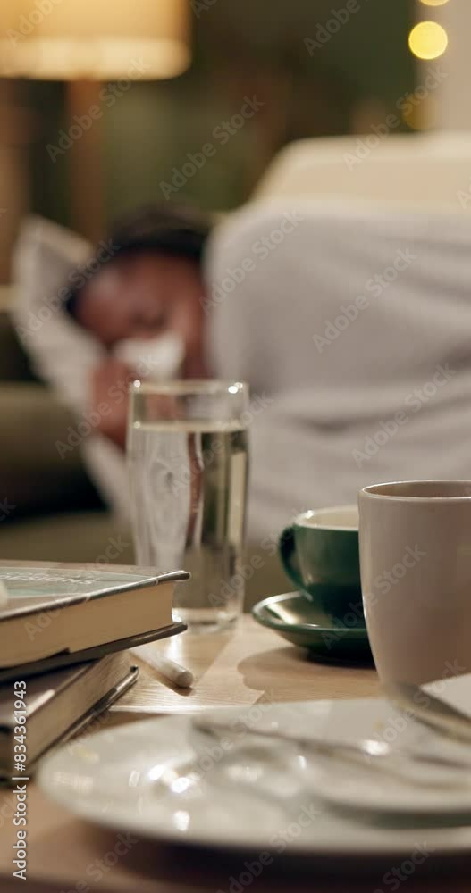 Sick, water and woman on sofa with tissue for allergies, infection and flu virus in living room. Healthcare, medical and person on couch sneeze for hayfever, influenza and sinus symptoms in home Sick, water and woman on sofa with tissue for allergies, infection and flu virus in living room. Healthcare, medical and person on couch sneeze for hayfever, influenza and sinus symptoms in home