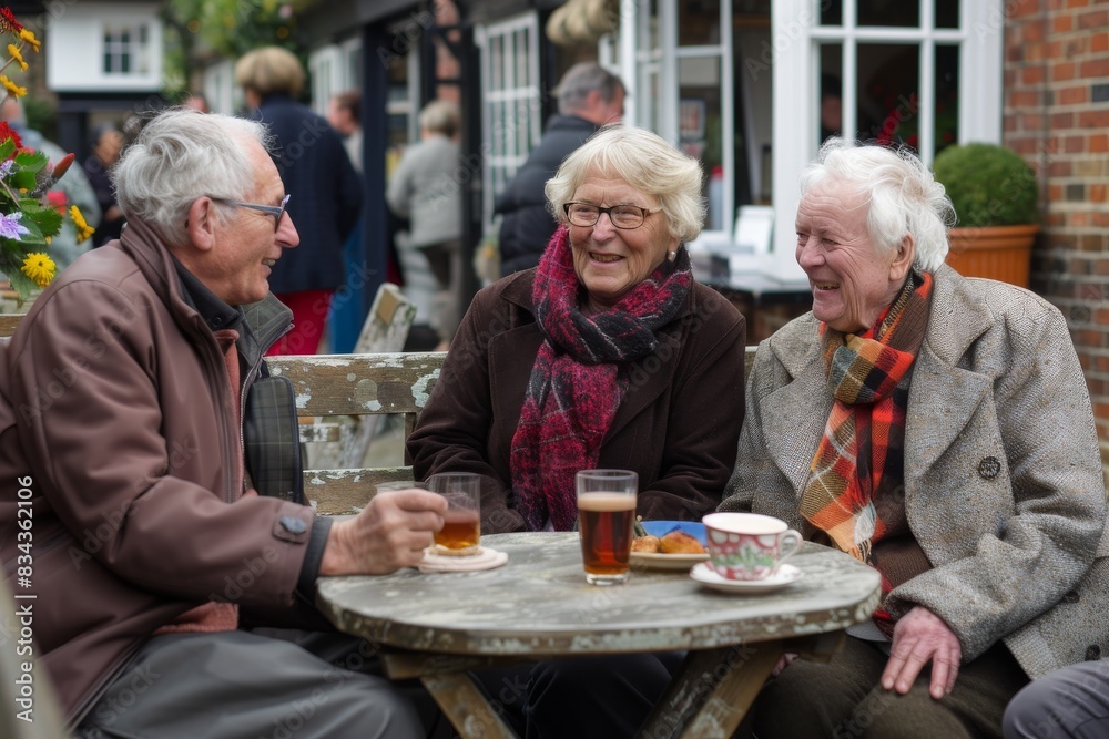 Elderly friends drinking beer in a pub or restaurant terrace Elderly friends drinking beer in a pub or restaurant terrace