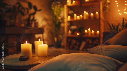 clean bed with lit candles as aroma therapy for good, comfortable, peaceful sleep
