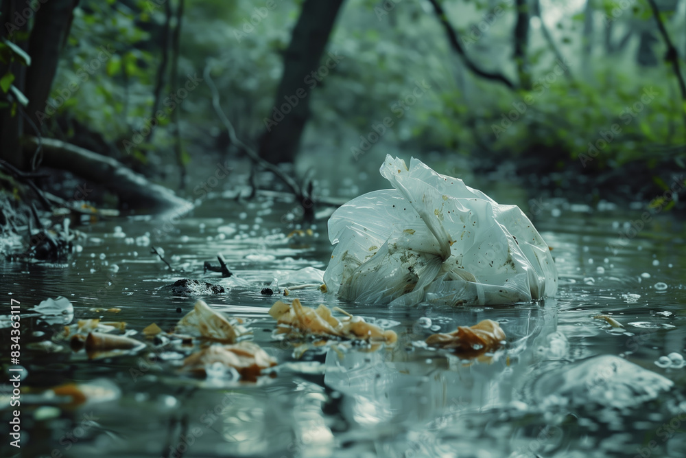 River polluted plastic and polyethylene bags: plastic bottles and polyethylene bags float on surface of reservoir. Environmental disaster. International plastic bag free day