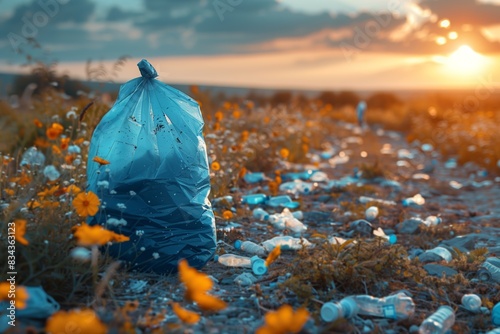 Sad natural landscape: pollution of nature with plastic bottles and polyethylene bags with garbage. Garbage on road among blooming flowers, with copy space. International plastic bag free day photo