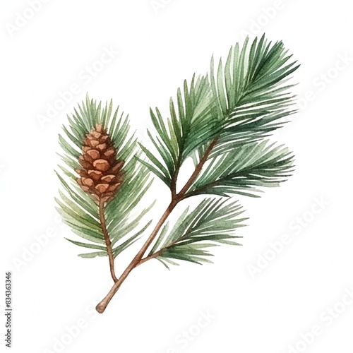 New Year's pine tree branch, without decorations, isolated on white background. Watercolour illustration.