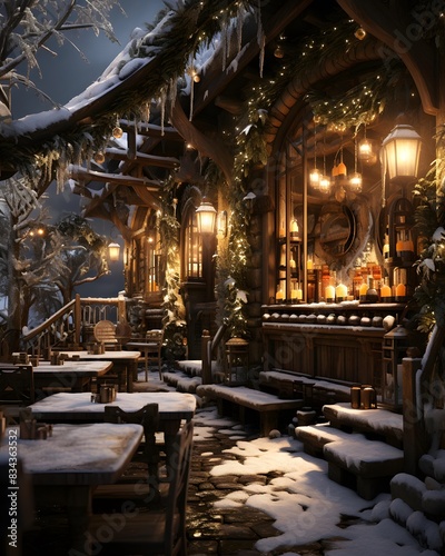 Restaurant at night with snow and christmas tree in winter