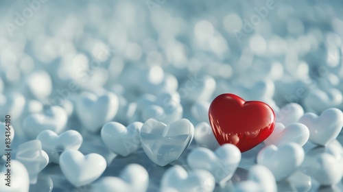 A single red heart hologram amidst a sea of white ones, symbolizing uniqueness and individuality in a digital world 