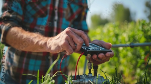 A farmer confidently controls water distribution through their farm from a remote location using a topoftheline smart irrigation controller. photo