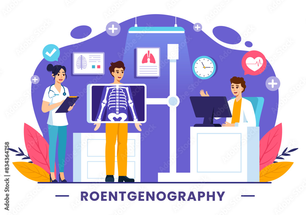 Roentgenography Vector Illustration with Fluorography Body Checkup Procedure, X-ray Scanning or Roentgen in Health Care in a Flat Cartoon Background
