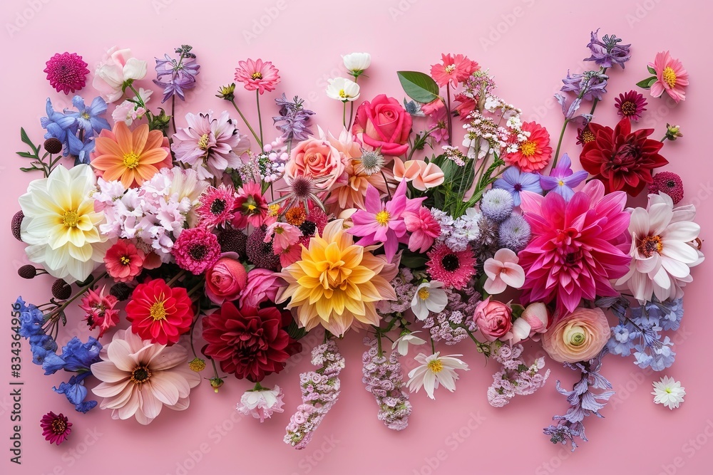 Explosion of colorful and diverse flowers pink background