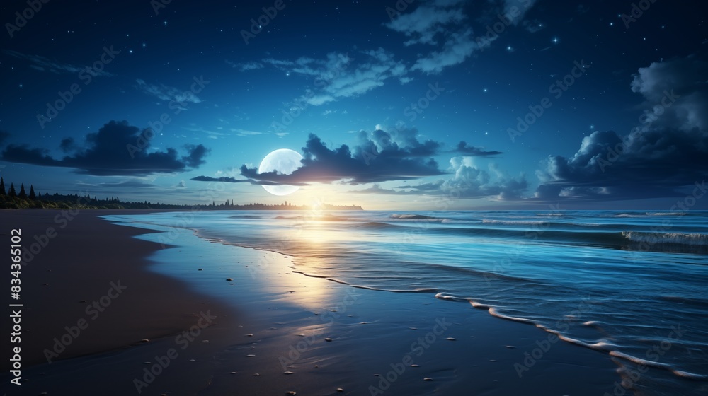 Peaceful Beach at Dusk with Ocean Waves and Calm Waters under a Starry Sky