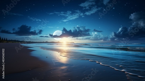 Peaceful Beach at Dusk with Ocean Waves and Calm Waters under a Starry Sky