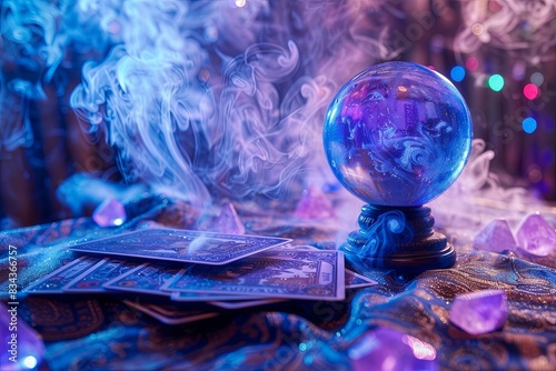 fortune telling ball, tarot cards on the table with crystals and smoke . Blurred background. purple and blue colors