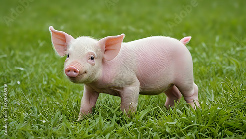 Newborn piglet on spring green grass - generated by ai