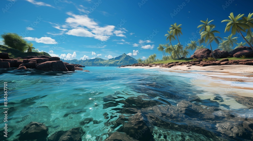 Fototapeta premium Tropical Beach with Clear Blue Waters and Palm Trees on a Sunny Day
