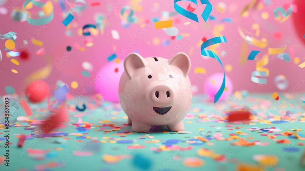 A piggy bank on a colorful background with confetti or streamers, creating a festive atmosphere with blank space for adding text or messages A piggy bank on a colorful background with confetti or streamers, creating a festive atmosphere with blank space for adding text or messages
