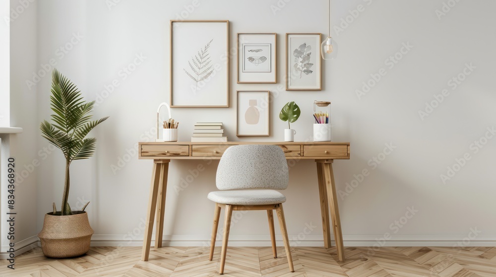 A stylish wooden desk decorated with stationery items and framed art prints, leaving space on the desk and walls for adding text or branding with minimalist style A stylish wooden desk decorated with stationery items and framed art prints, leaving space on the desk and walls for adding text or branding with minimalist style