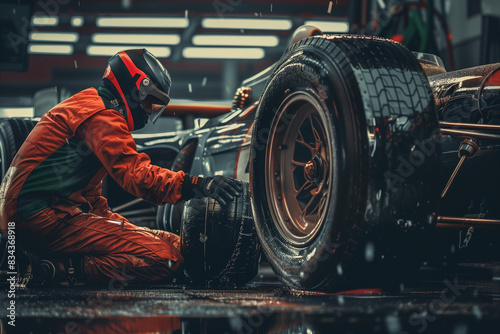 mechanic changing tires, racing car