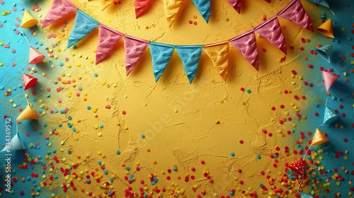 A bright yellow background with festive bunting flags and a clear section for text. - Event decoration background