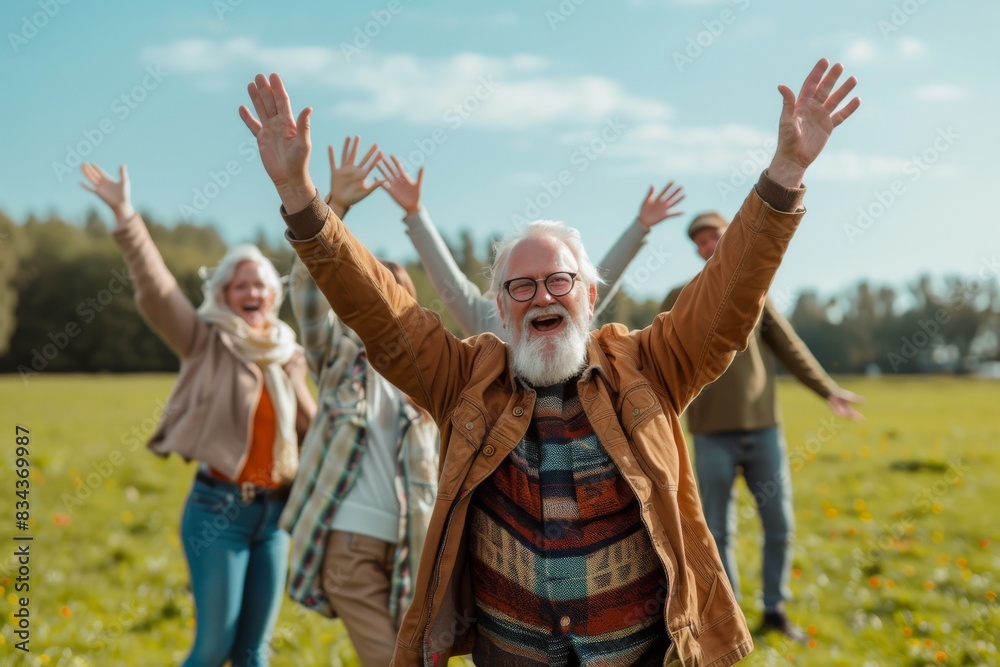 happy senior friends with raised hands looking at camera while walking in field happy senior friends with raised hands looking at camera while walking in field
