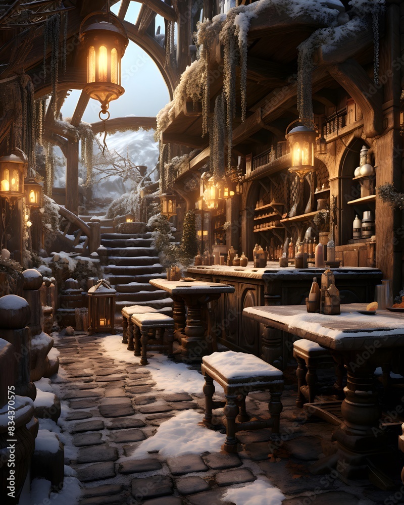 Fantasy wooden restaurant in winter with snow. 3d illustration.