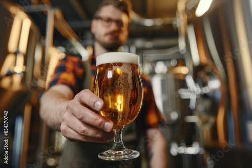 Man enjoying freshly brewed beer at a craft brewery  surrounded by brewing equipment and machinery