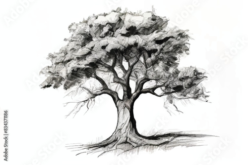 Black and white Tree isolated on white Background. Tree sketch. A black and white photo of a beautiful tree.
