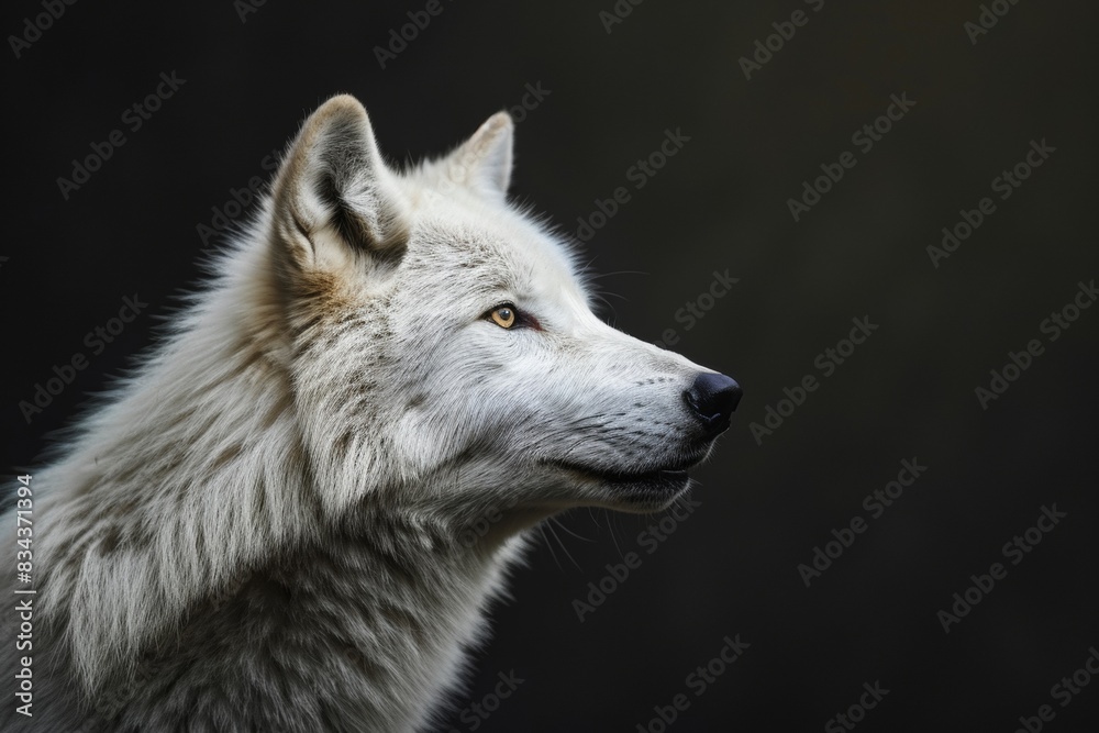 Mystic portrait of Arctic Wolf in studio, copy space on right side, Anger, Menacing, Headshot, Close-up View Isolated on black background