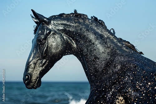 hyper realistic and very detailed black horse covered with black gold glitter shining under sunlight  with a background of a blue sky and sea. cinematic