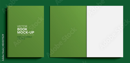 Green color book vector mockup showcasing both cover and open layout on a solid dark green background, easy to edit with customizable colors.
