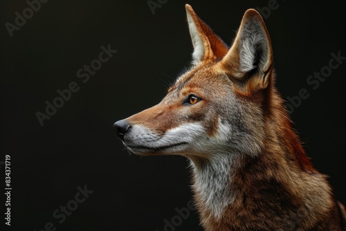 Mystic portrait of Ethiopian Wolf in studio, copy space on right side, Anger, Menacing, Headshot, Close-up View Isolated on black background
