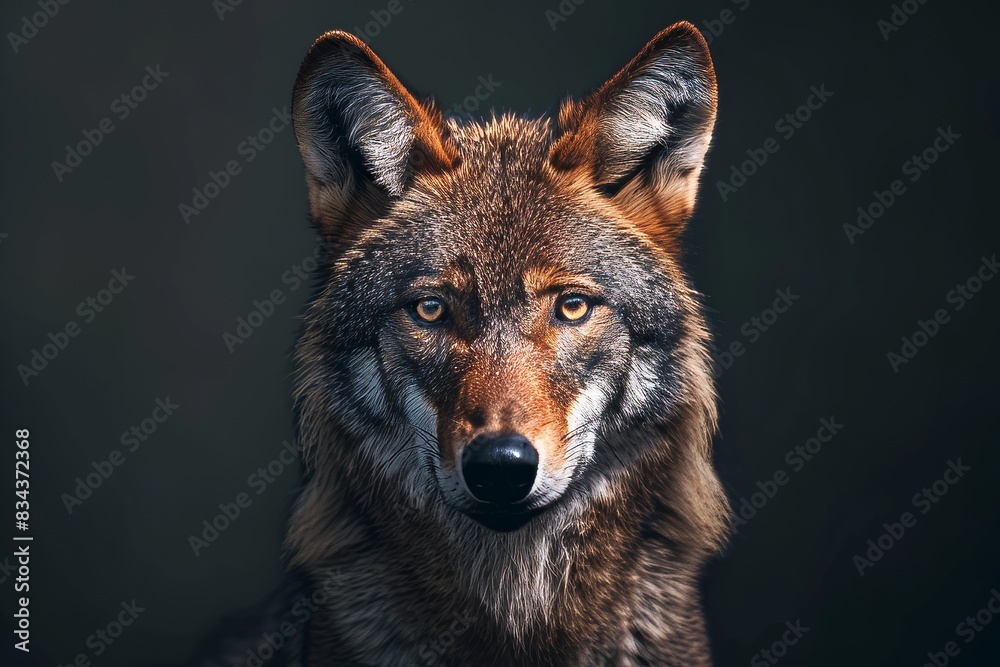 Mystic portrait of Red Wolf in studio, copy space on right side, Anger, Menacing, Headshot, Close-up View Isolated on black background Mystic portrait of Red Wolf in studio, copy space on right side, Anger, Menacing, Headshot, Close-up View Isolated on black background