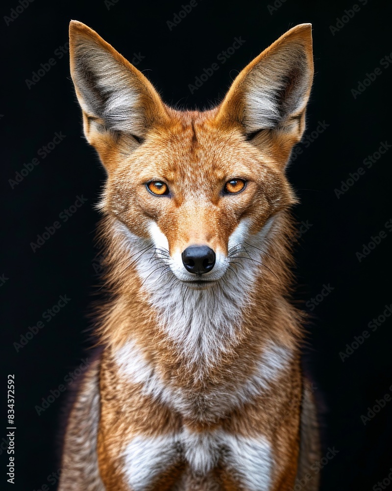 Naklejka premium the Ethiopian Wolf, portrait view, white copy space on right Isolated on black background