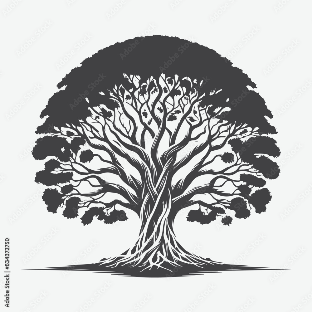 Naklejka premium Print Majestic Banyan Tree Silhouette, Nature's Timeless Artwork