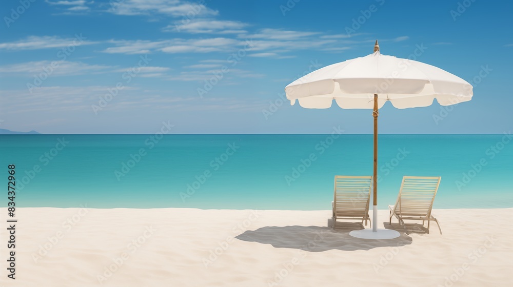 Serene and Idyllic Beach with Umbrella and Wooden Chairs Serene and Idyllic Beach with Umbrella and Wooden Chairs