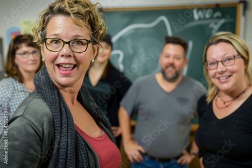 Portrait of a female teacher in front of a group of students
