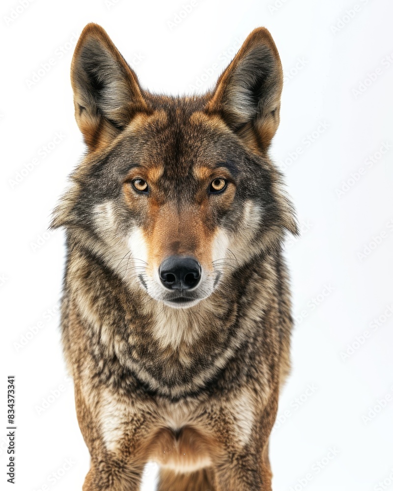 Fototapeta premium the Red Wolf, portrait view, white copy space on right Isolated on white background