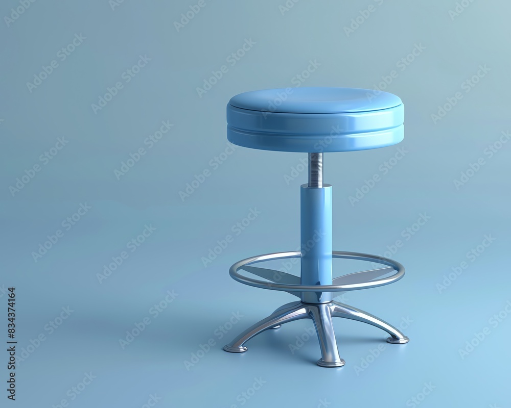 Modern blue bar stool with a metal frame and circular footrest against a light blue background, minimalist design. Modern blue bar stool with a metal frame and circular footrest against a light blue background, minimalist design.
