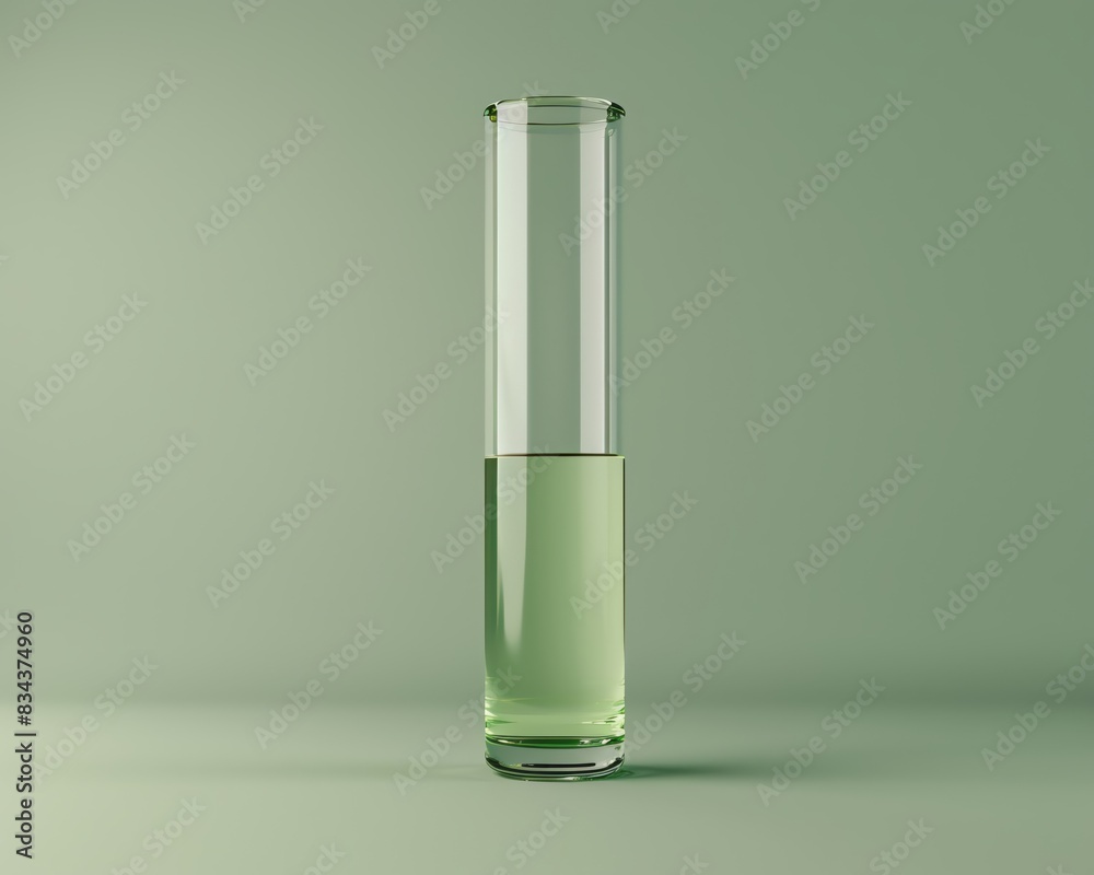 Minimalistic image of a tall clear glass cylinder filled halfway with a light green liquid, set against a soft green background. Minimalistic image of a tall clear glass cylinder filled halfway with a light green liquid, set against a soft green background.