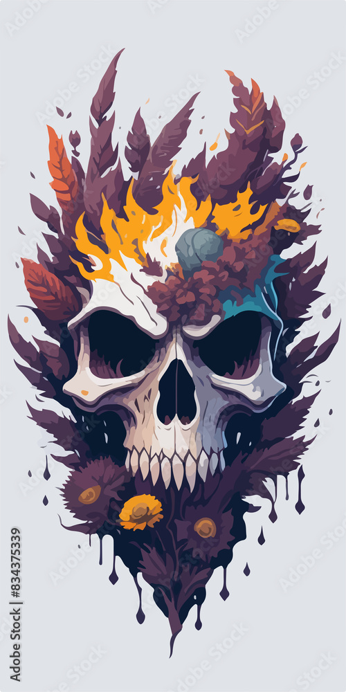 Colorful flowers bloom around a trendy skull engulfed in vivid flames with a demonic touch. Colorful flowers bloom around a trendy skull engulfed in vivid flames with a demonic touch.